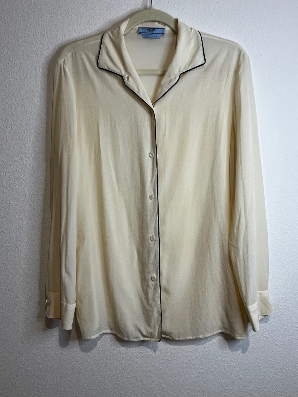 Prada 2022 Silk Button-Up Blouse Ivory Black Piping Size 44